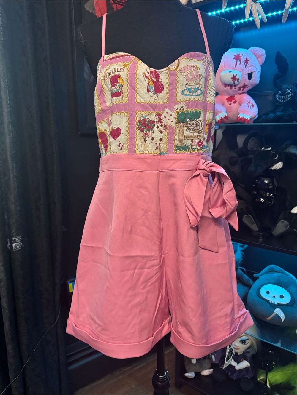 Pink alice in wonderland coquette High-Waist Tie-Waist Women’s Shorts Romper